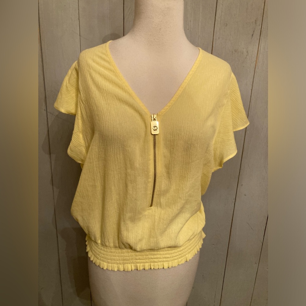 Michael Kors Gauze Good Zip Neckline Gathered Waist Sunshine Yellow Blouse New M
